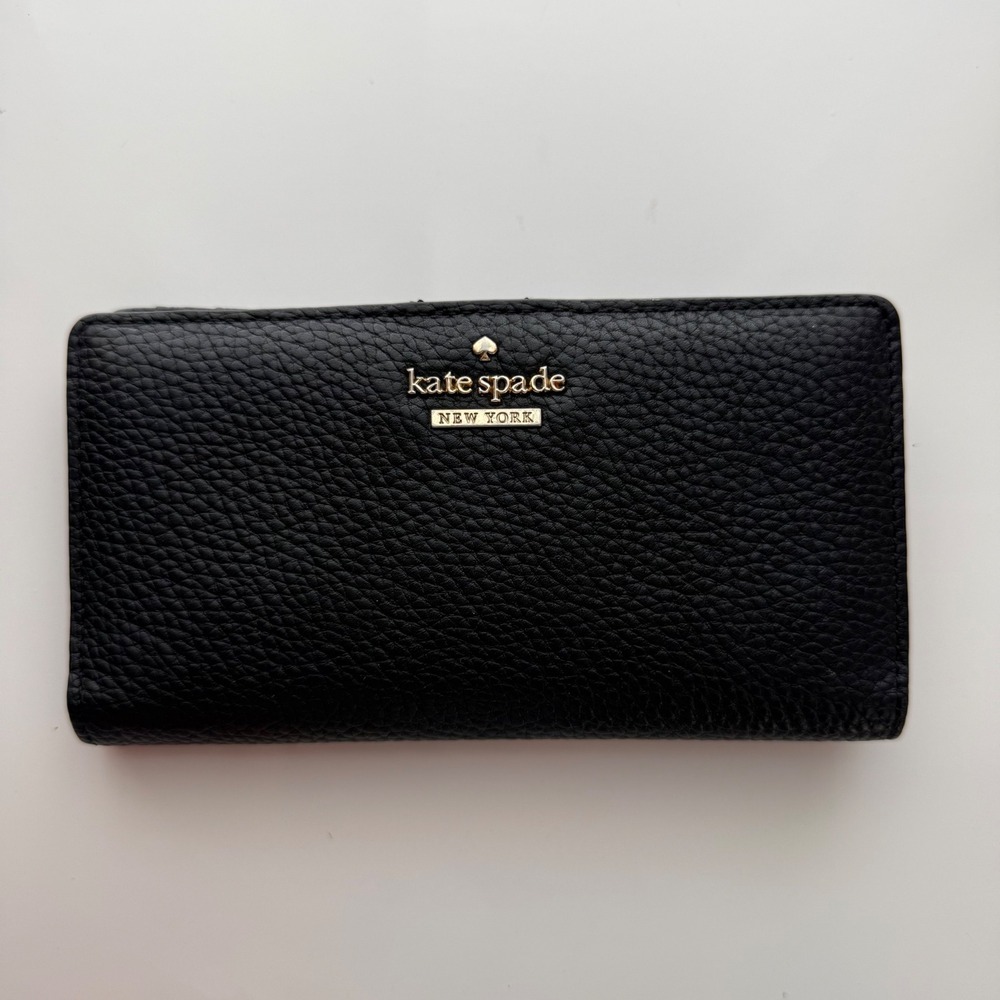 Kate Spade New York Black Pebbled Leather Bifold Card Wallet Gold Hardware Slim